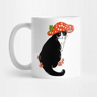 Whimsical Tuxedo Cat Wearing a Mushroom Hat Mug